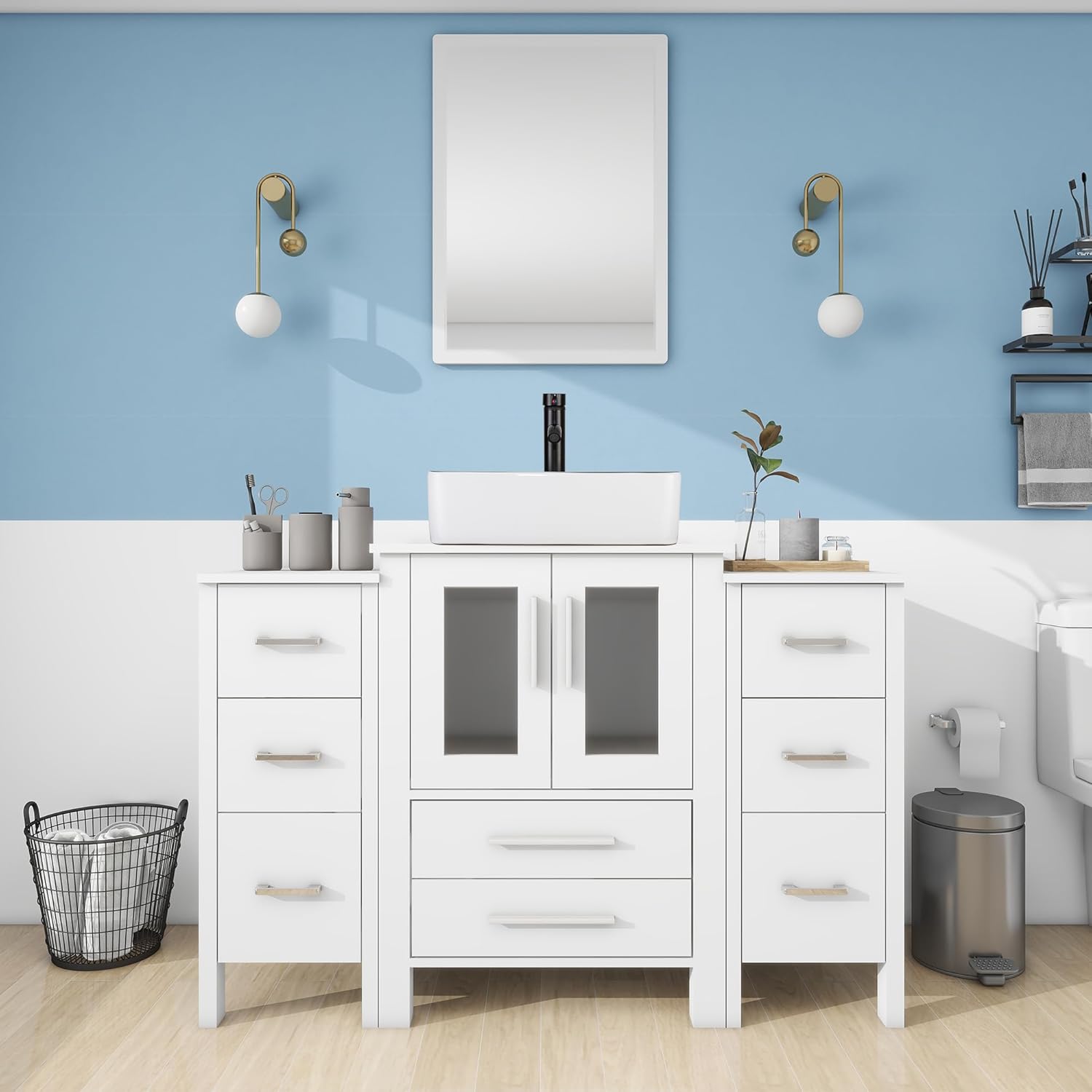 UEV 48" White Bathroom Vanity with Sink Combo, Modern Style, 2 Bathroom Storage Side Cabinets, Soft-closing Door, Waterproof Corners, Freestanding, Requires Self-Assembly