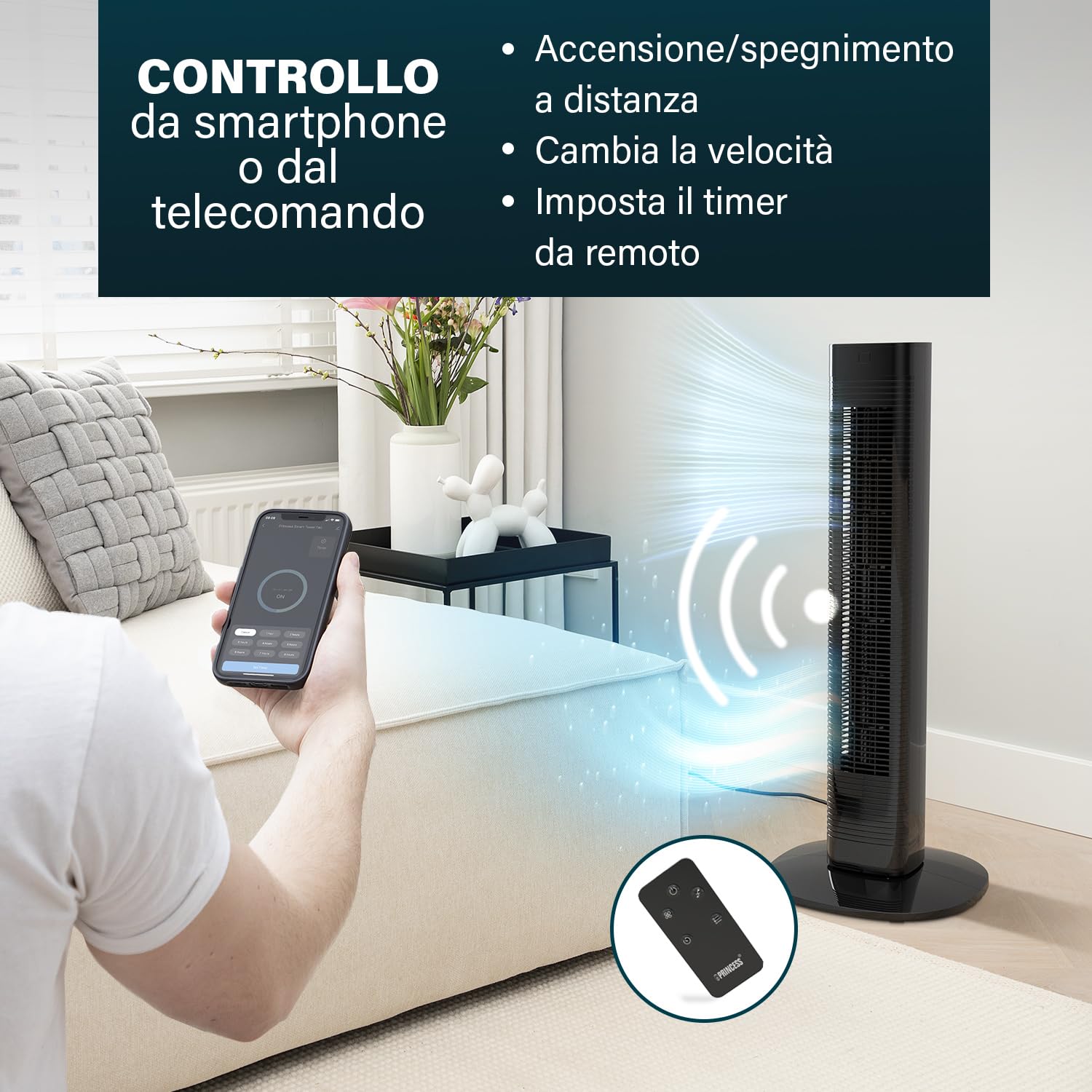 Princess Ventilatore a colonna compatto - 3 modalità e 3 velocità - Oscillazione - Connesso - 358230