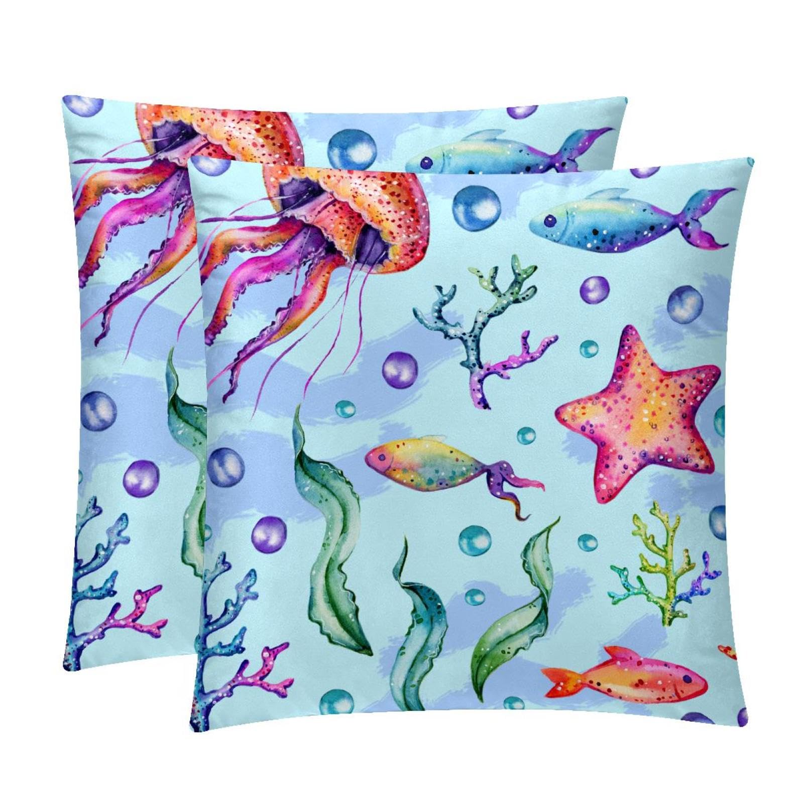 TDGKPZ Jellyfish Starfish Throw Pillow Cases 2 Pack Pillowcases Zipper Cushion Covers For Bedroom Living Room 45x45cm