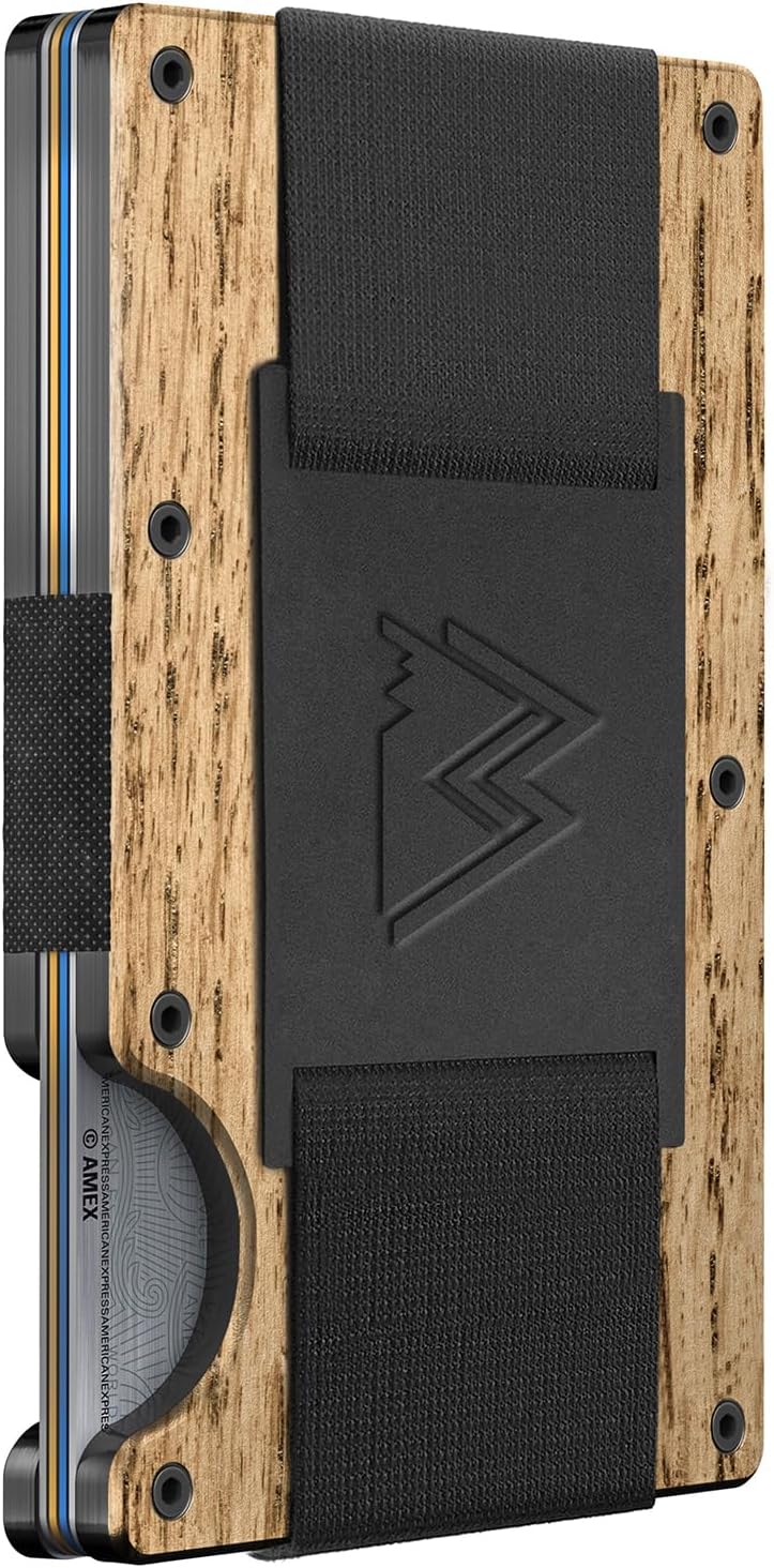 Mountain Voyage CoMinimalist Cash Strap - Slim RFID Blocking Wallet for Men & Women - Scratch Resistant, Credit Card Holder, Easily Removable Money & Cards, Aluminium Wallet (Beech Wood Carbon)