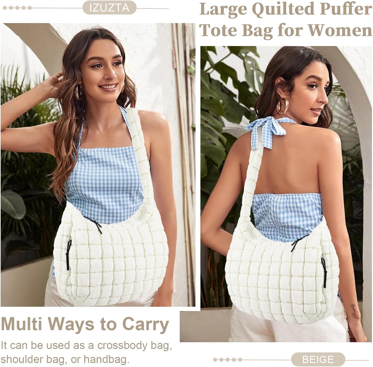 izuzta Quilted Puffer Tote Bag for Women Large Crossbody Bag Lightweight Nylon Puffy Quilted Carryall Hobo Puff Shoulder Bag - Image 2