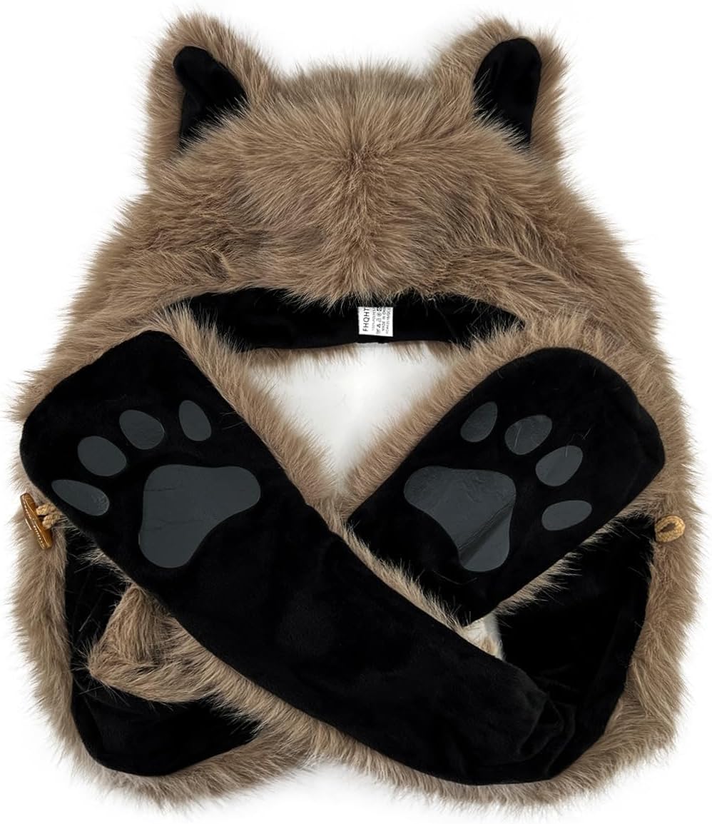 FHQHTH Faux Fur Animal Hood 3 in 1 Scarf Gloves Hat with Paws and Ears for Women Furry Wolf Cosplay Costume
