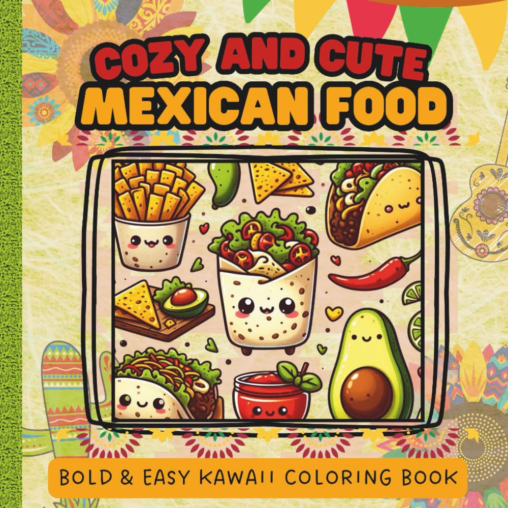 Cozy and Cute Mexican Food: A Kawaii Coloring Book of Simple Images Dishes and Snacks | 40 Cute Bold and Easy Designs for Kids, Teens and Adults | Pocket Size 6x6