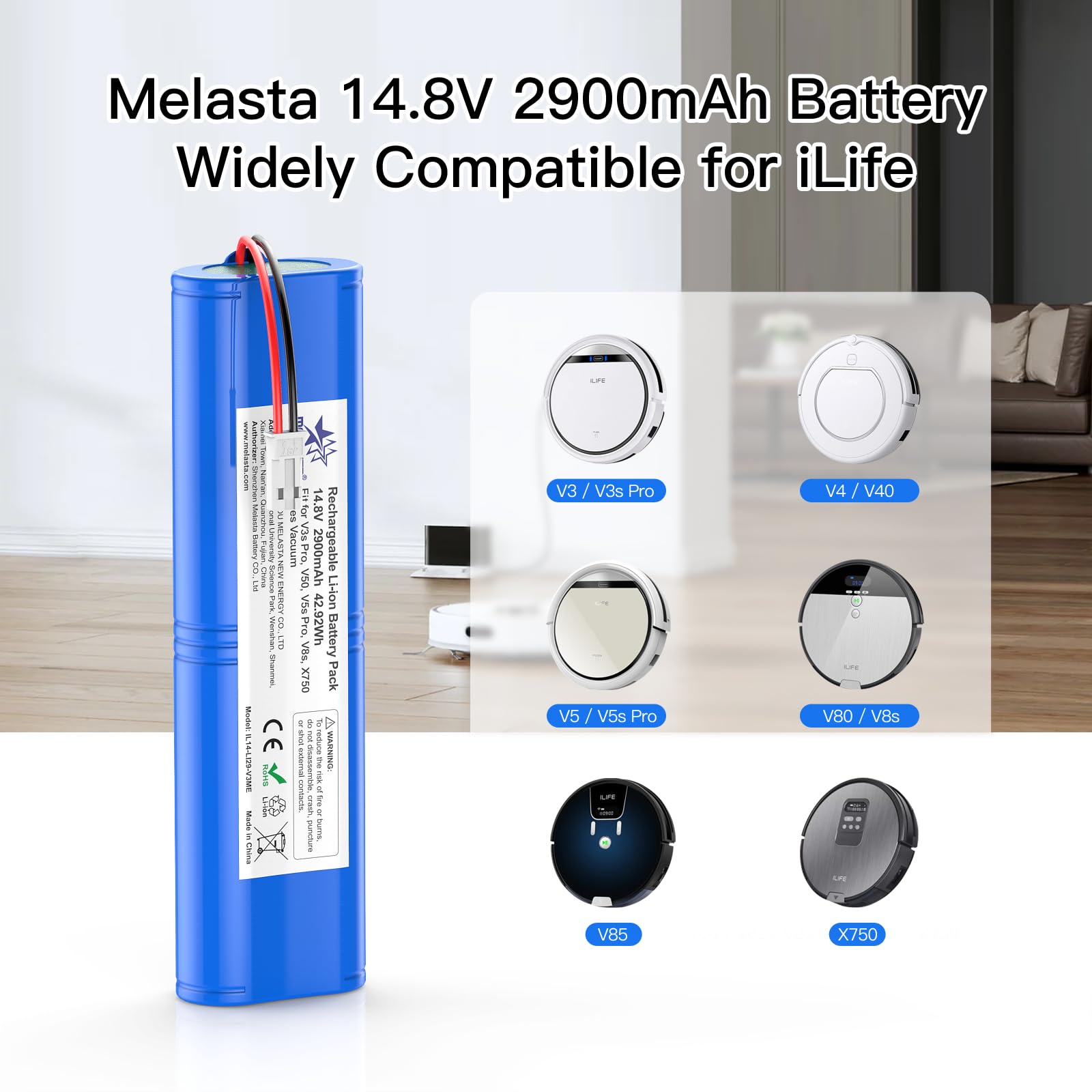 melasta Li-ion Batteria di Ricambio per iLife V3s Pro, V40, V50, V5s Pro, V5x, V80, V8s, V85, X750 Serie, 14,8V 2900mAh per Medion MD13202, MD18500, MD18501, MD18600, MD19510, MD19511 Robot
