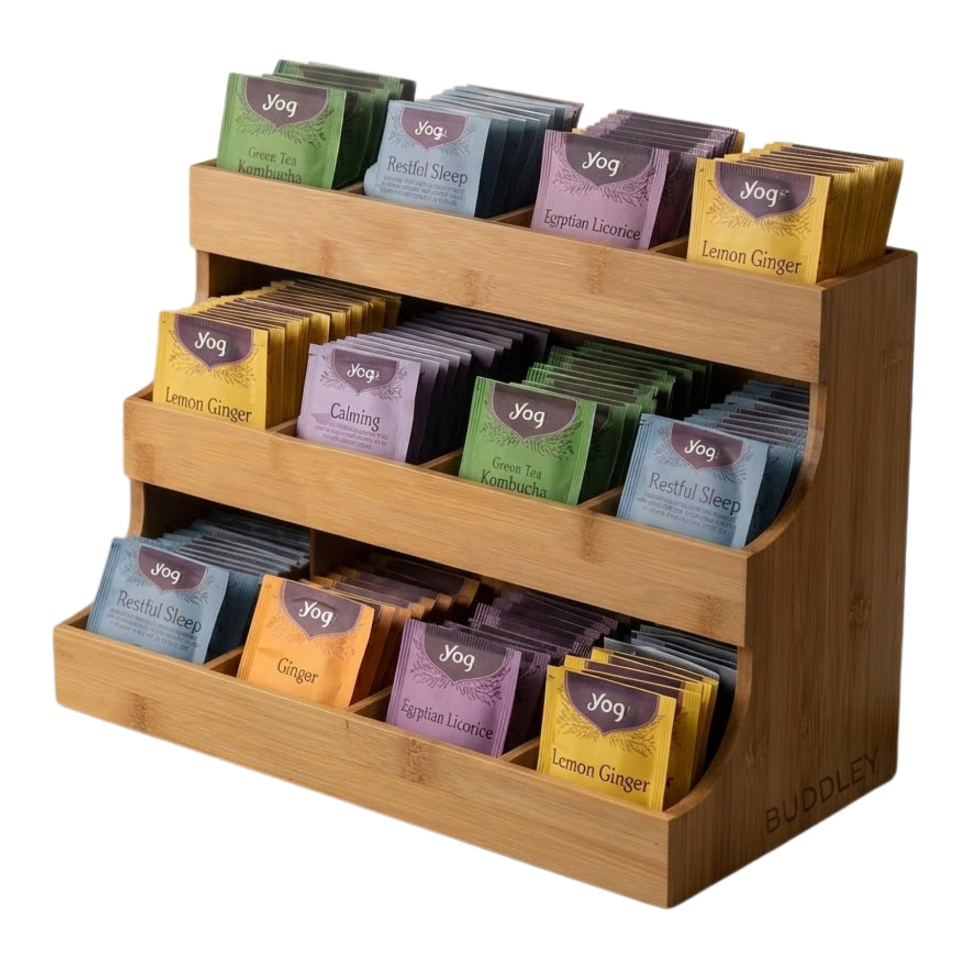 BUDDLEY Teebox Bambus 12 Fächer FSC - Tee Organizer - Teebeutel Aufbewahrung - Teehalter Holz - Teeregal - Display - Teestation für Küche und Büro - 30 x 24 x 17,5 cm - Goldbraun