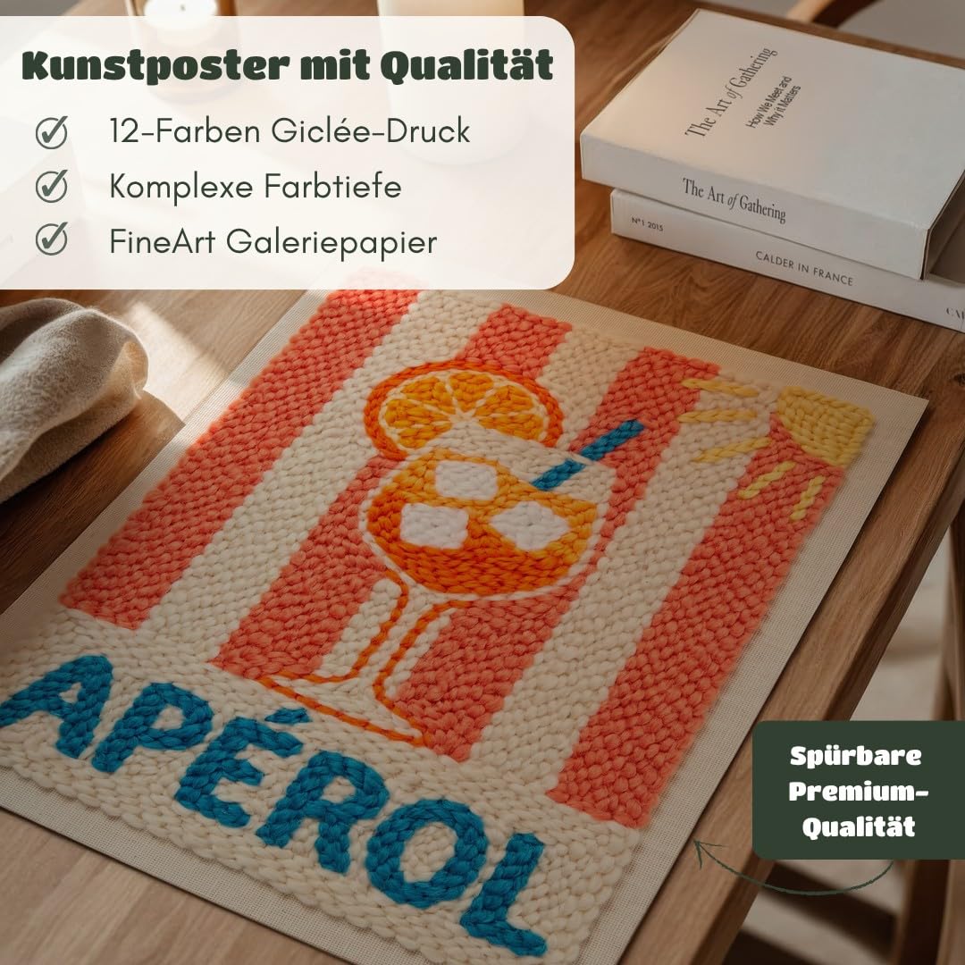 MJ-GRAPHICS® Poster Aperol Kunstdruck Stickerei Wandbild Rot Orange Deko Sommer Küche Wohnzimmer 50x70 mit braunem Rahmen