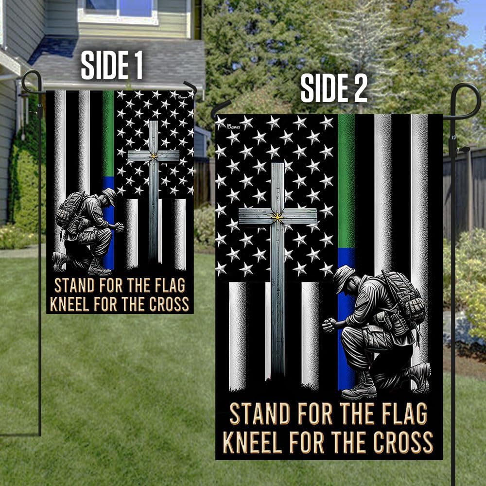 American Flag-Veteran Kneeling Christ Cross Thin Green & Blue Line American Flag MLN2286Fv1, Garden Flag (11.5" x 17.5")-USA Flags Premium Polyester-Decorative Indoor Outdoor Flag
