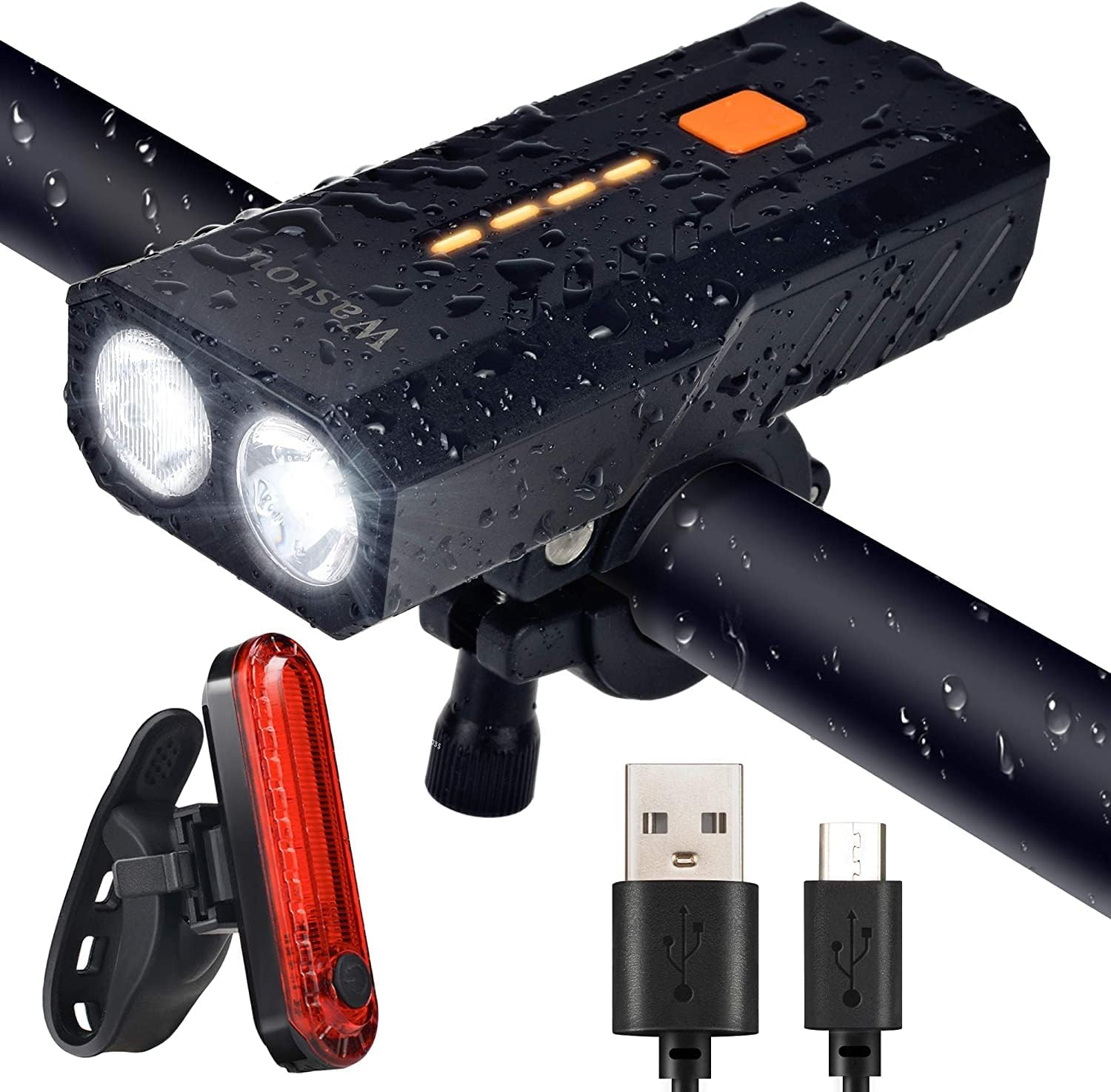 Bike Lights, Super Bright Bike Front Light, IPX6 Waterproof 3 Modes Cycling Light Flashlight Torch with USB Rechargeable Tail Light(USB Cable Included) (Black-B)