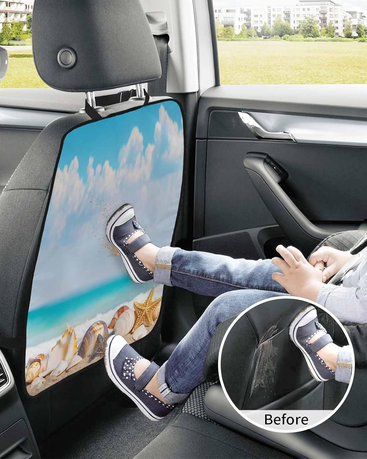 Car Seat Protector, 2 Pack Kick Mats Back Seat Protector Rustic Vintage Summer Seaside Beach Shell Starfish Cloud Blue Sky Waterproof Backseat Cover for Universal Fit Automotive Interior Protectors