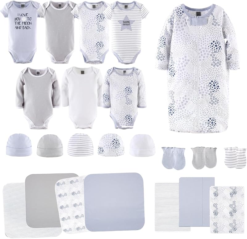 Baby Layette Gift Set for Baby Boys or Girls - 23 Piece New Born Unisex Gift Set, Clothes & Newborn Essentials Must Haves - Clothes 0-3 Months - Blue & Grey