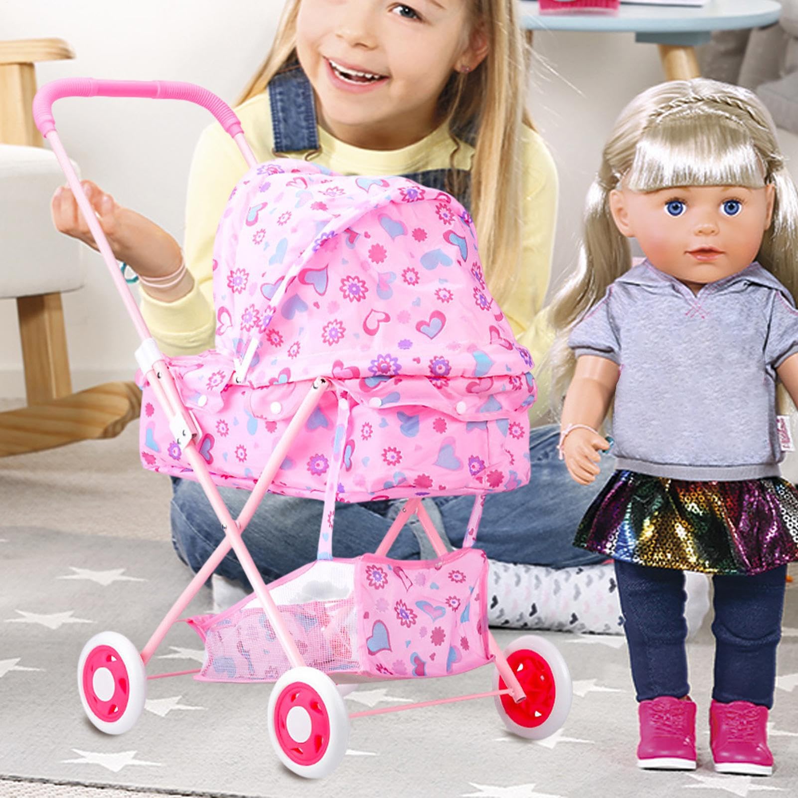 Puppen-Kinderwagen für kleine Babypuppen Robust Geräumig Realistisches | Hochstuhl-Wagen für Babypuppen Kinderzimmer-Spielzeugbuggy, für Kindertag, Geburtstag, Ostern