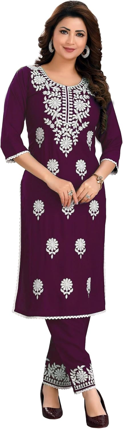 ladyline Rayon Plain Lucknowi Embroidered Kurta with Pants Set for Women Indian Dress