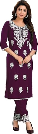 ladyline Rayon Plain Lucknowi Embroidered Kurta with Pants Set for Women Indian Dress