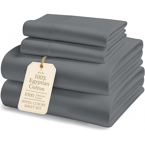 100% Egyptian Cotton Sheets Queen Size Bed Set – 1000 Thread Count Cooling & Breathable Sateen Queen Sheets Set, Authentic Long-Staple Cotton for Lasting Softness, Snug Fit 15" Deep Pocket - Charcoal