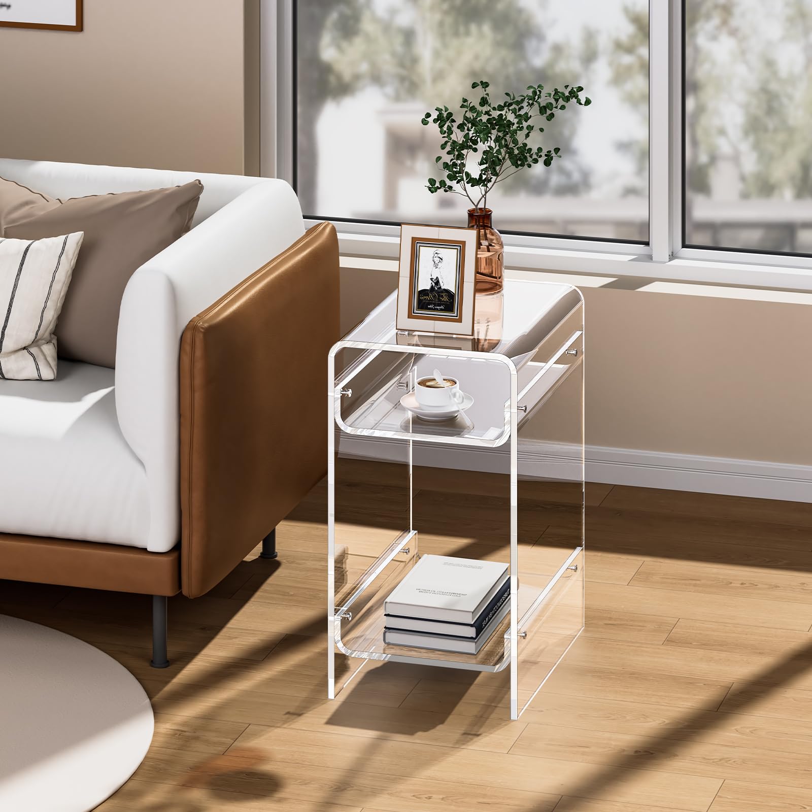 Beistelltisch aus transparentem Acryl, schmal, schmaler Beistelltisch für kleine Räume, schmaler Nachttisch, Nachttisch für Schlafzimmer, Wohnzimmer, Büro (transparent, breit)