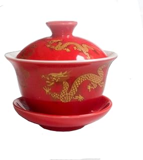 Liang baobao Dragon Gaiwan Tea Cup 4oz Porcelain Teacup Chinese Gongfu Tea Set Tureen Sancai Cover Bowl Lid Saucer (Red dragon)