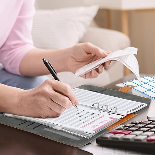 Miniatura 2 de Carpeta A6, cubierta de cuaderno de piel sintética suave con 16 bolsillos, 12 hojas de presupuesto, 4 etiquetas adhesivas de letras (gris)