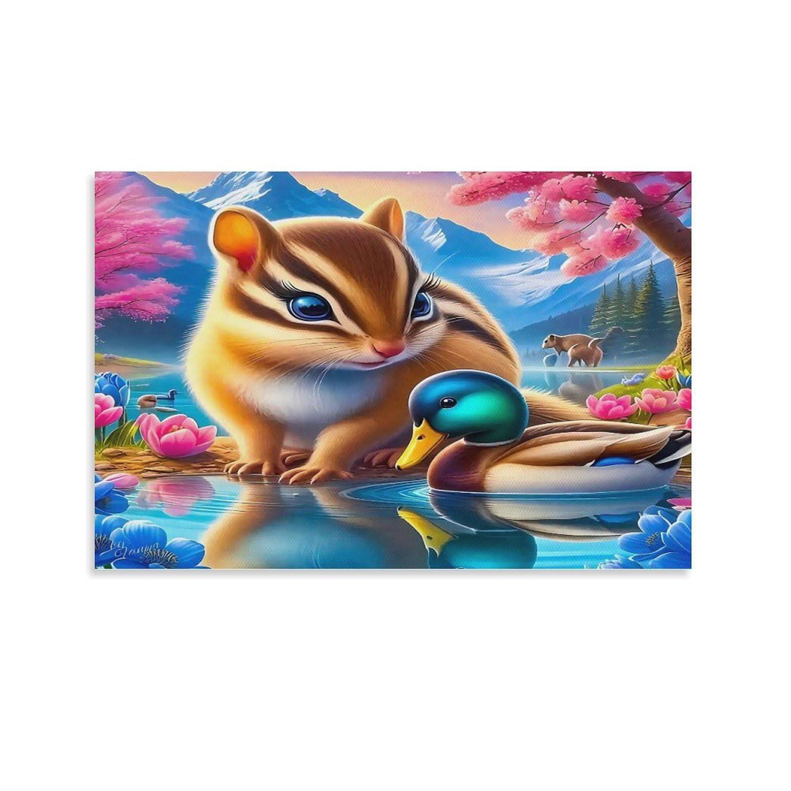CPLVKWRQJ Squirrel 1 Piece Cute Chipmunk And Duck Painting Canvas Print - Office Wall Art Fade Resistant Wall Focal Art Statement Piece 24x36inch(60x90cm)