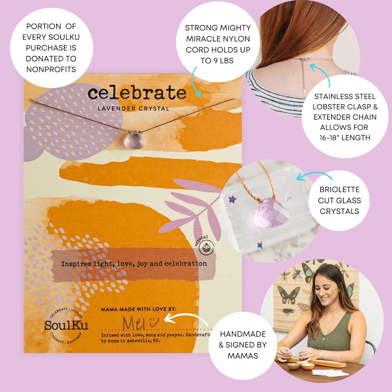 SOULKU Crystal Necklace, Handmade Healing Crystal Jewelry, Inspirational Jewelry For Women, 9x9 mm Cut Glass Crystal, Lobster Clasp and Extender with 16" Nylon Cord - Image 6