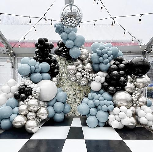 Miniatura 9 de Guirnalda de globos azules y negros de doble relleno, globos azules polvorientos y blancos, arco de globos negros y plateados para cumpleaños, boda