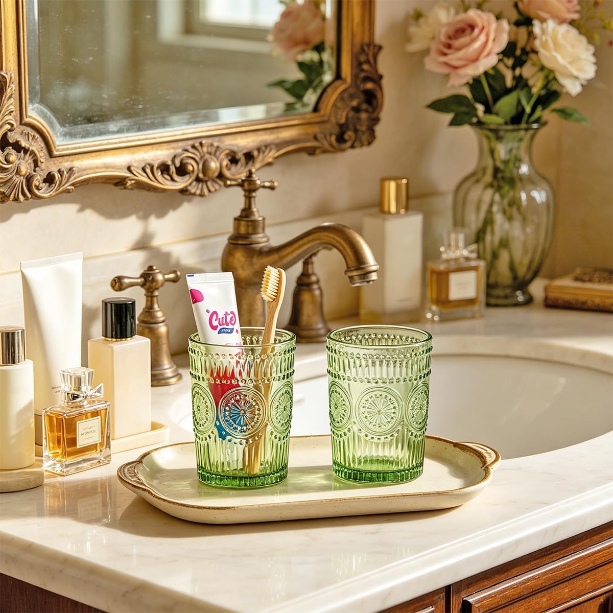 2pcs Glass Toothbrush Holder, Decorative Bathroom Tumbler for