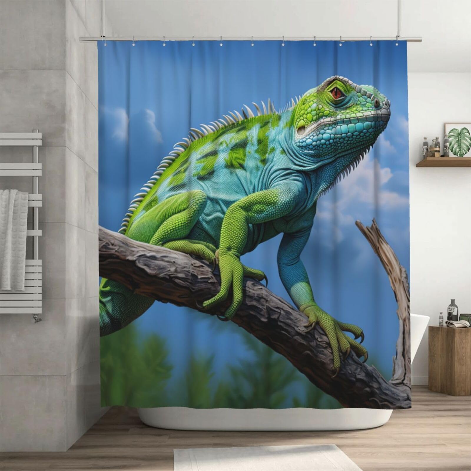 Rideau de douche imperméable lézard vert 183x183 cm avec 12 crochets