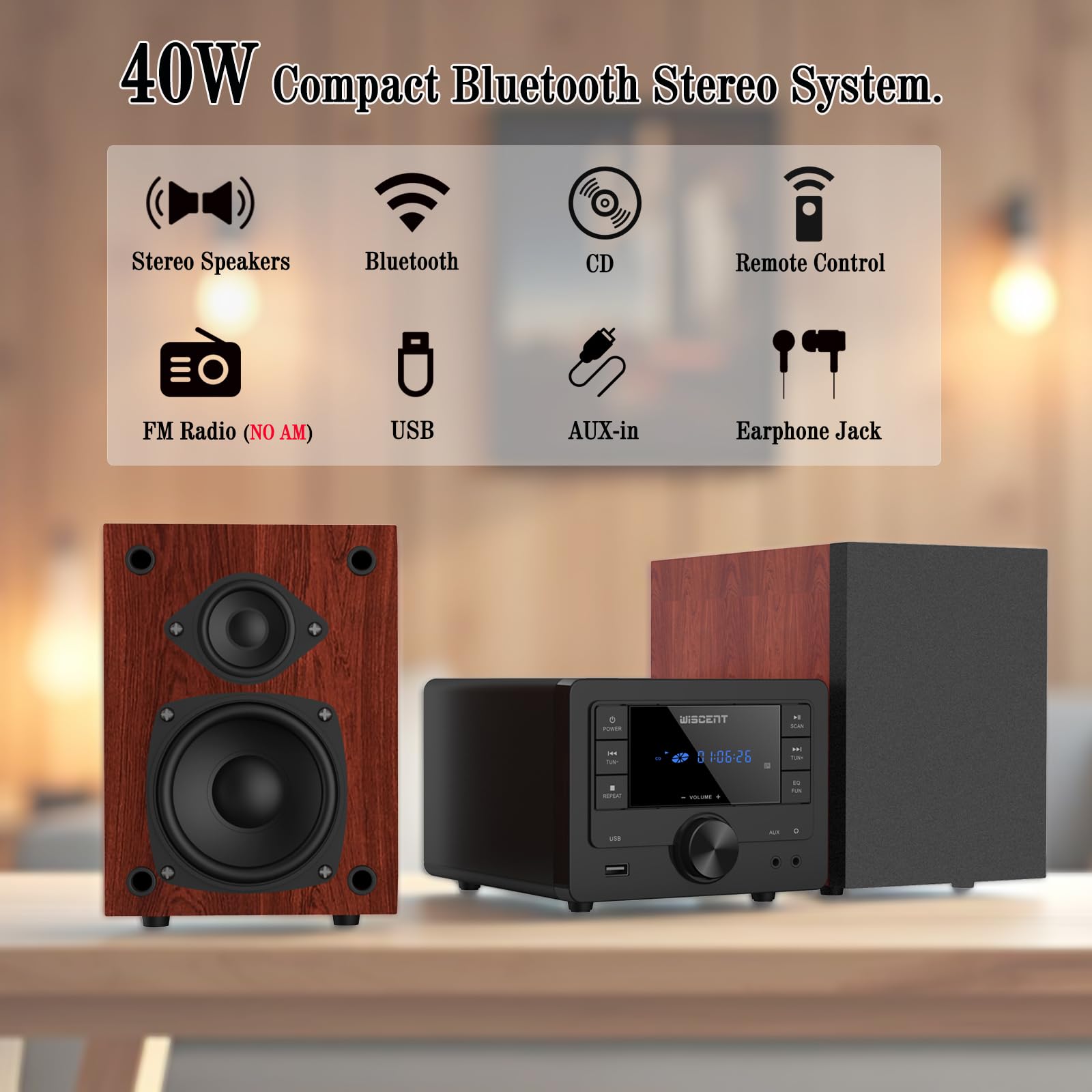 Amazon.com: WISCENT Bluetooth Stereo System 40W for Home, CD