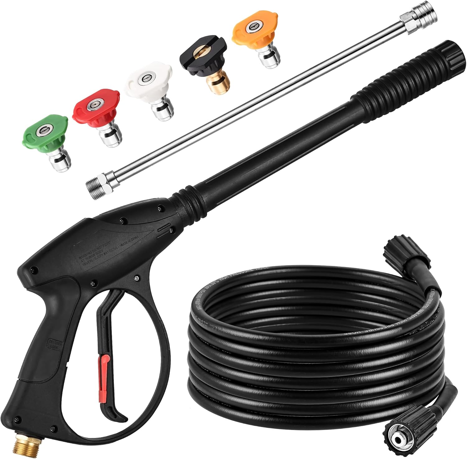 Pressure Washer Gun with 15in Extension Wand & 25FT Hose, 5 Nozzle Tips Quick Connect, Power Washer Hose and Wand Replacement, M22 14mm Fitting for Home Car Clean Washing, 4000 PSI Black