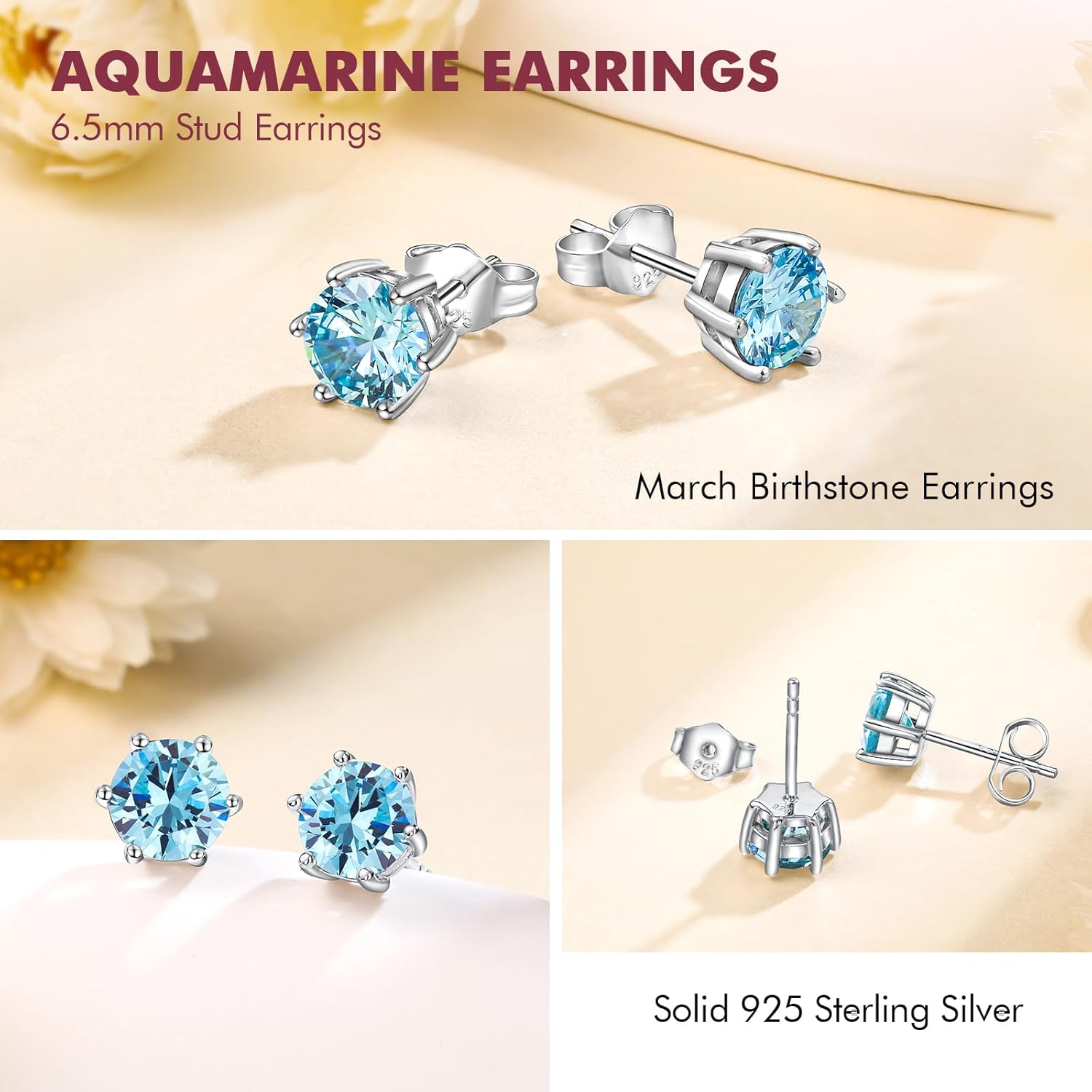DAYBYDAY 925 Sterling Silver Birthstone Earrings for Women, Crystal Stud Earrings, 6.5mm Round Cut Solitaire Gemstone Earrings Birthday Jewelry - Image 5