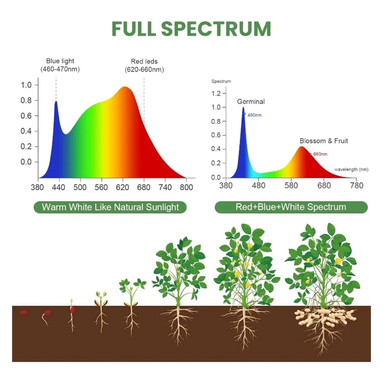 Lámpara de Plantas, Luces de cultivo for plantas de interior, luz LED de espectro completo for plantas con soporte (trípode ajustable de 15-60 pulgadas for plantas de suelo, rojo/azul/