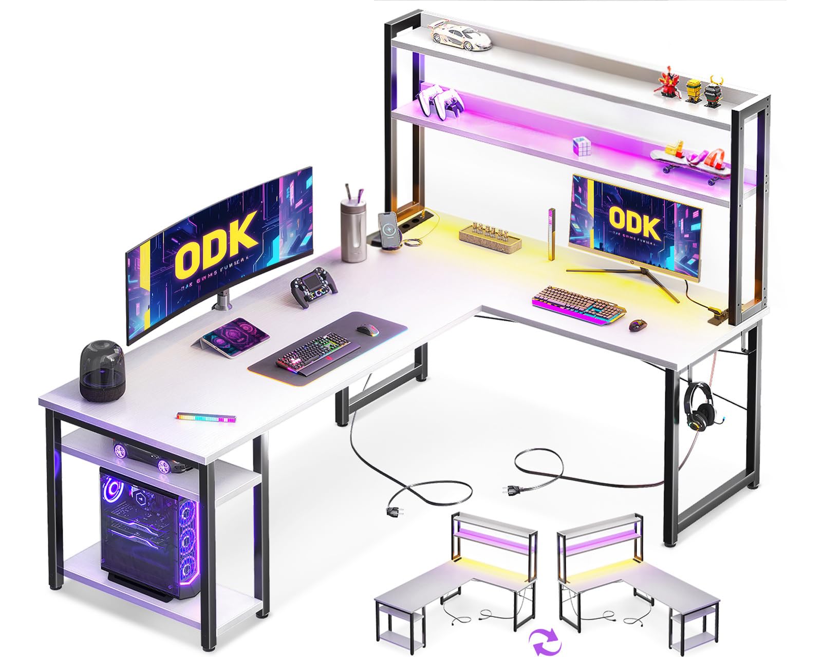 ODK Escritorio Gaming con LED, Escritorio con Estante Reversible, Escritorio en L con Enchufes y Puertos USB, Escritorio Gaming Blanco con Compartimentos y Almacenamiento, 150×120 cm