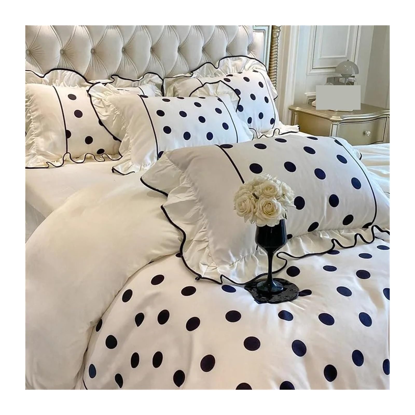 ZHSOAO Washed Cotton Black Dots Bedding Set Ruffle Duvet Cover Bed Sheet Pillowcases 4Pcs for Bed(King 220X230cm 4Pcs)