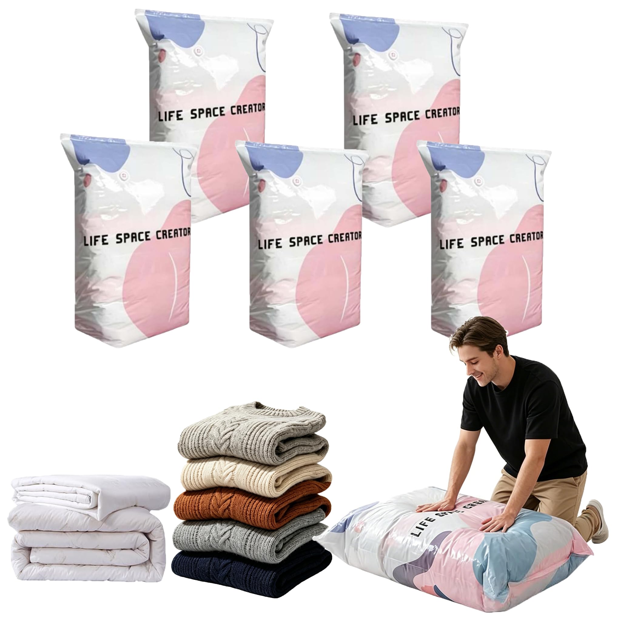 Vacuum Storage Bags, No Pump 3D Vacuum Storage Bags – 2026 New Pack for Clothes, Duvet, Travel, Home Comforters, Blankets, Bedding Compression, Space Saver (5L)