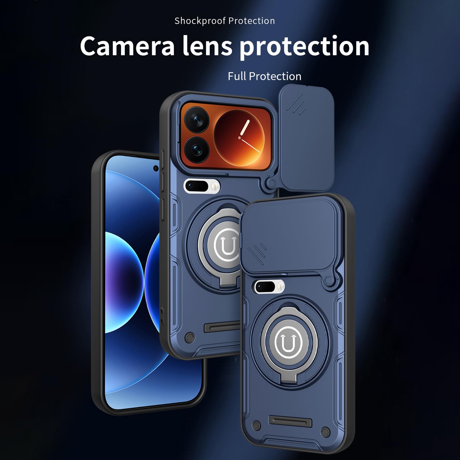 Etui na telefon komórkowy do Xiaomi 17 Pro Max / 17 Pro / 17, przesuwne etui ochronne na aparat, podpórka, odporne na uderzenia, niebieskie, 17