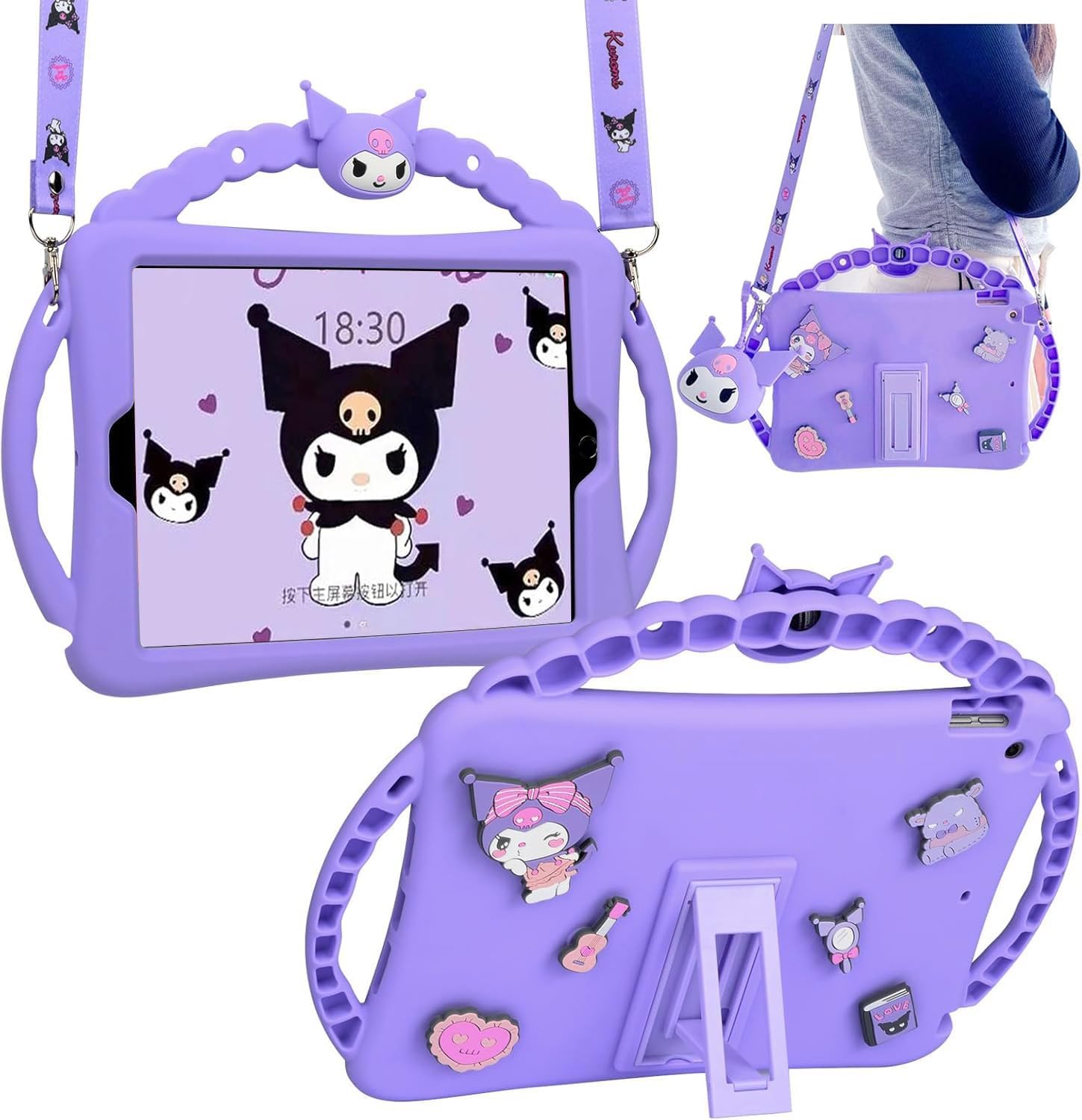 for iPad 9th 8th 7th Generation Case, iPad 10.2 inch Case with Wallet Kickstand Shoulder Straps Handles Cute Cartoon Soft Silicone Tablet Cover for Kids Girls Boys (Purple)