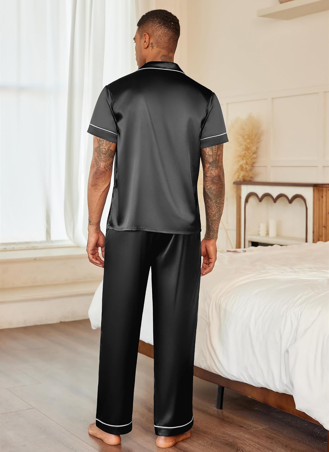 Ekouaer Mens Satin Pajama Set Short Sleeve Button Down Sleepwear Classic Loungewear Set with Long Pants - Image 5