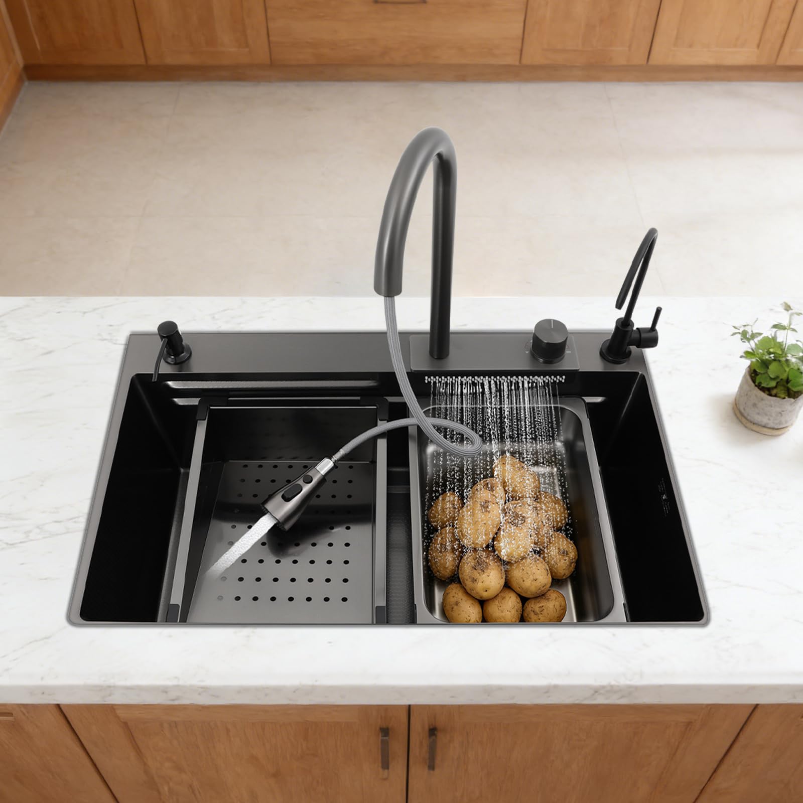 75x46x22cm Fregadero de Cocina,Fregadero de Cascada de acero inoxidable,con grifo extraíble de agua fría/caliente,escurridor,tabla de cortar,filtro de agua,Fregadero de un solo cuenco,Negro