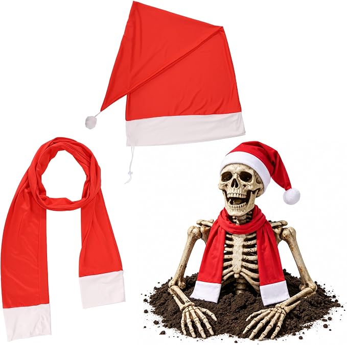 Giant Ground-Breaking Skeleton Christmas Costume, Santa Hat&Scarf Outfit