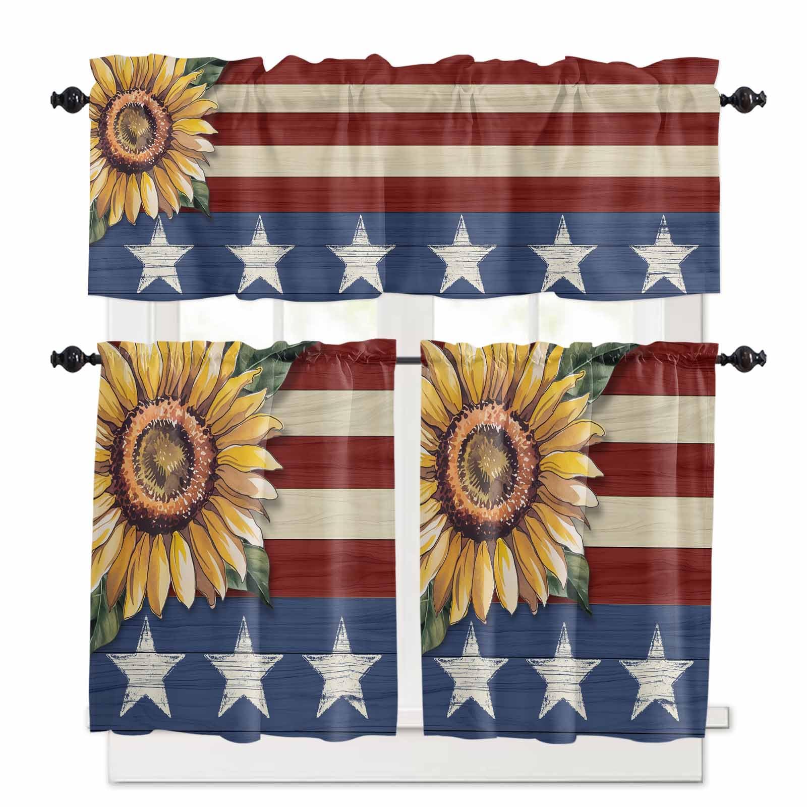 Sunflower America Flag Kitchen Curtains 24 Inch Length, 3 Piece Rod Pocket Small Half Tiers and Valance Set, Farmhouse Retro US Flag Small Large Window Treatment Decor for Bedroom/Bathroom Sink