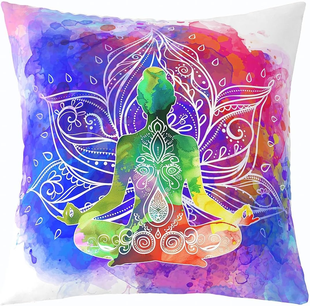 Watercolor Floral Bohemian Exotic Pillow Case Cover Single Pack,Yoga Sports Theme Pillow Cover 24"x 24" Soft Square,Boho Mandala Decorative Throw Couch Sofa Pillow Cover