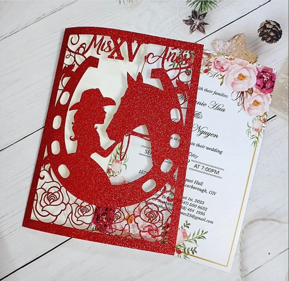 Quinceanera Einladungskarten aus Glitzer-Papier, 50 Stück, für 16 Partys, glitzernd, Pferd, Laserschnitt, Westernhochzeitskarten mit Umschlag (rot, ganzes Set)