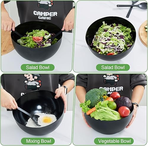 Miniatura 5 de GEHE Ensaladera de 12 pulgadas, cuenco de ensalada de fibra de bambú con tapa, cuencos de mezcla extra grandes de 7.7 cuartos de galón con Negro