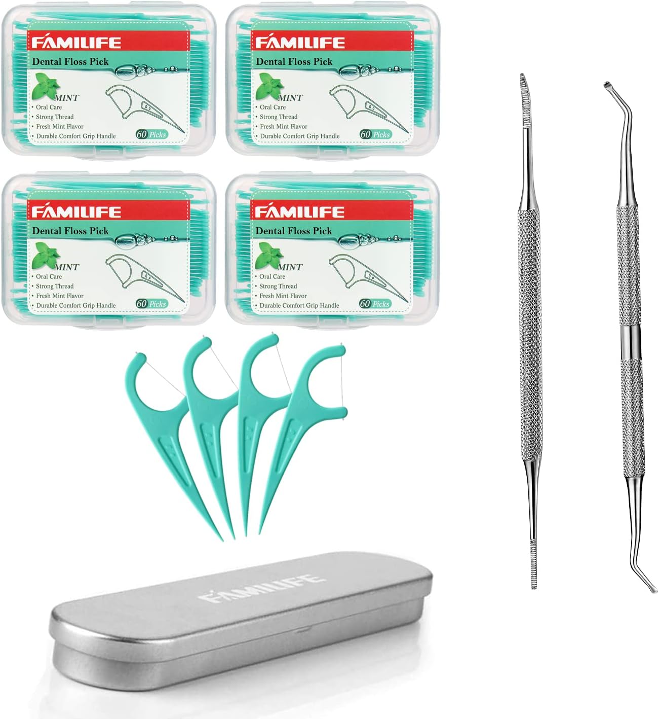 FAMILIFE Floss Picks Mint Dental Floss Picks with 4 Travel