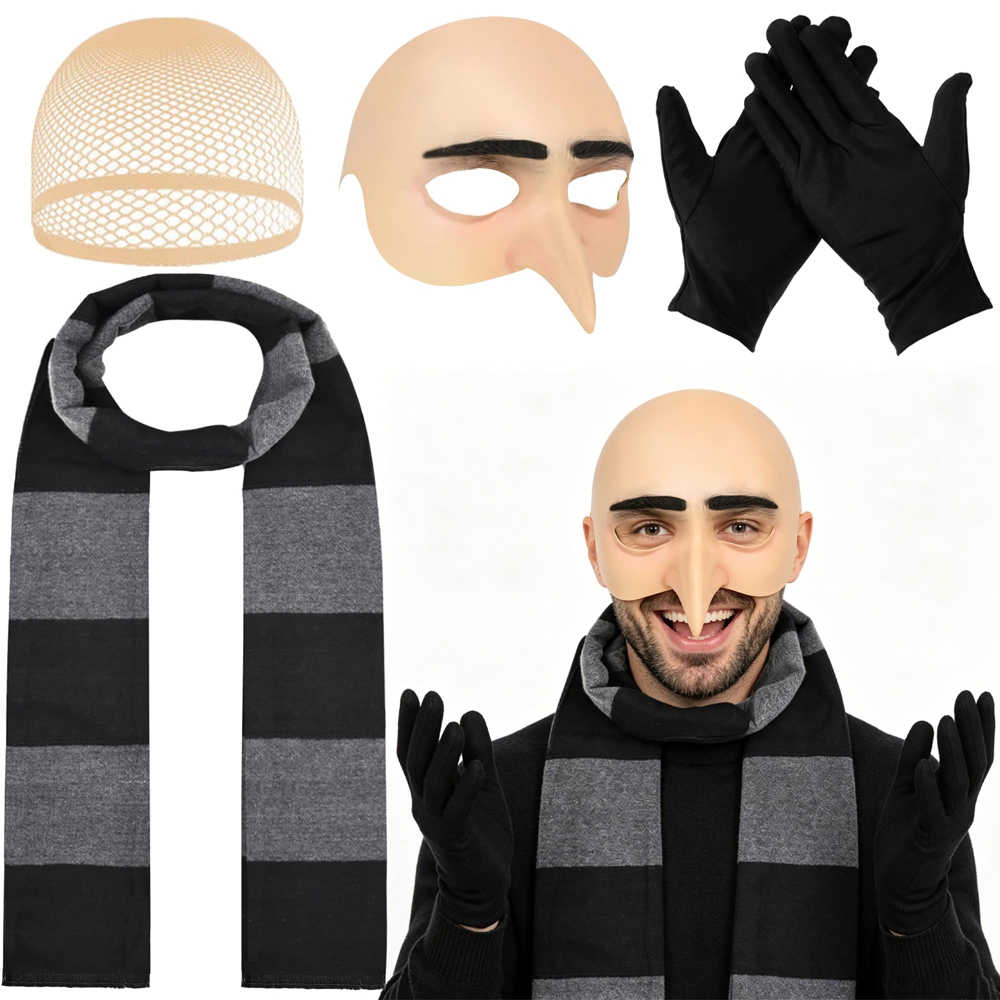 cadelon 4pcs Complete Bald Costume Set for Adults - Gru Costume with Bald Cap, Wig Network, Scarf & Gloves for World Book Day, Mardi Gras & Party Outfit