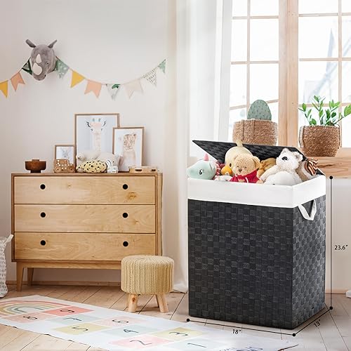 Miniatura 2 de YOUDENOVA Cesta de lavandería doble tejida a mano de 100 litros con tapa, cesta de ropa sucia dividida con bolsa de forro extraíble, cestas dobles