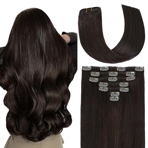 Extensiones de cabello humano real con pinzas, 16 pulgadas, 2.47 onzas, 7 unidades, color marrón oscuro claro #2A, extensiones de cabello humano