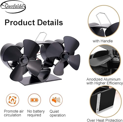Miniatura 3 de Ventilador de chimenea de 8 aspas, ventilador de estufa de leña de doble cabezal para gas, pellet, madera, estufa de quemador de troncos, ecológica