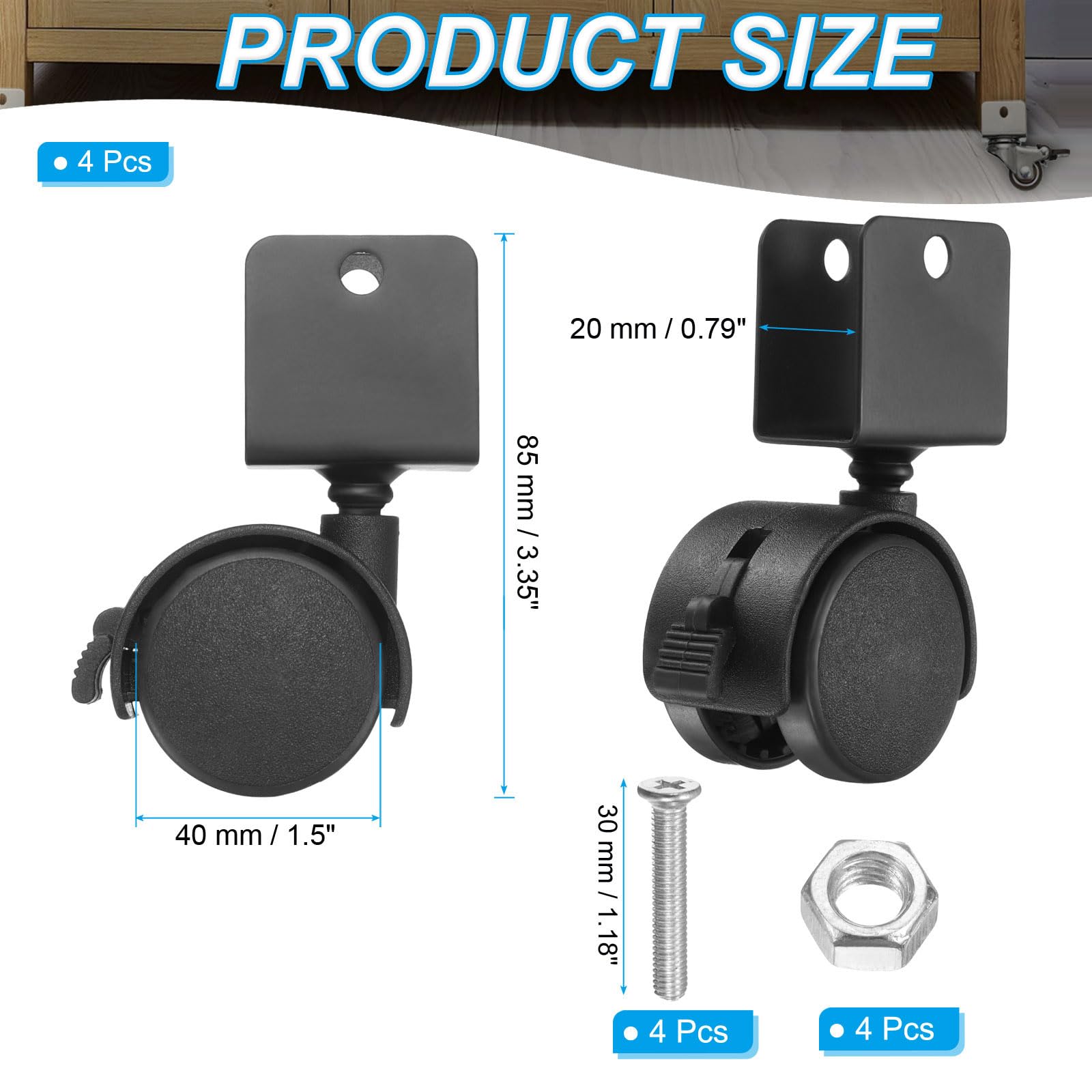 PATIKIL Rueda Giratoria De 1.5" Con Soporte En U De 0.79", Juego De 4 Ruedas Giratorias De Nylon 360° Sin Ruido Con Frenos Para Patas De Muebles Negro