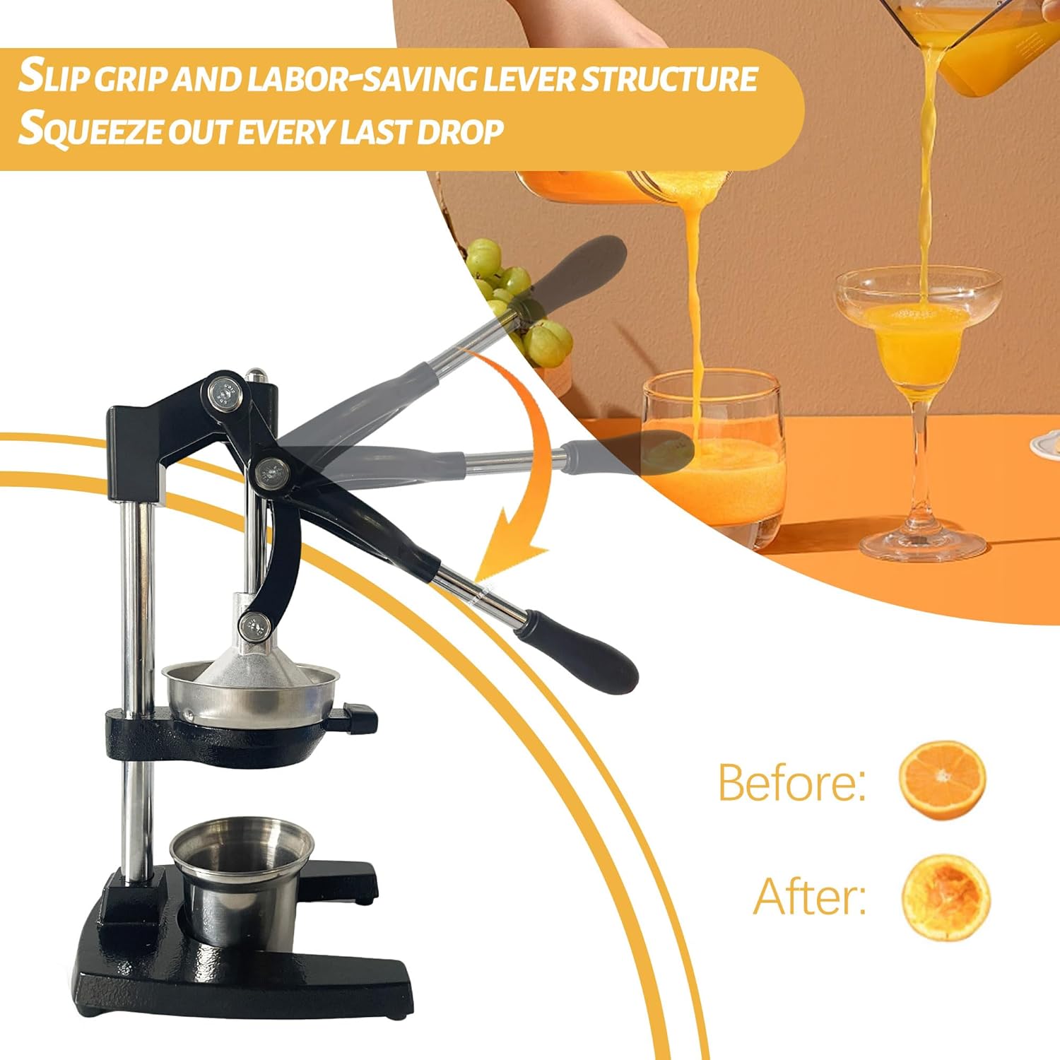 Commercial Grade Cast Iron Juicer.Stainless Steel Manual Juicer.Juice Press for Citrus Fruits, Oranges, Pomegranates and Lemons.with Stainless Steel Cup