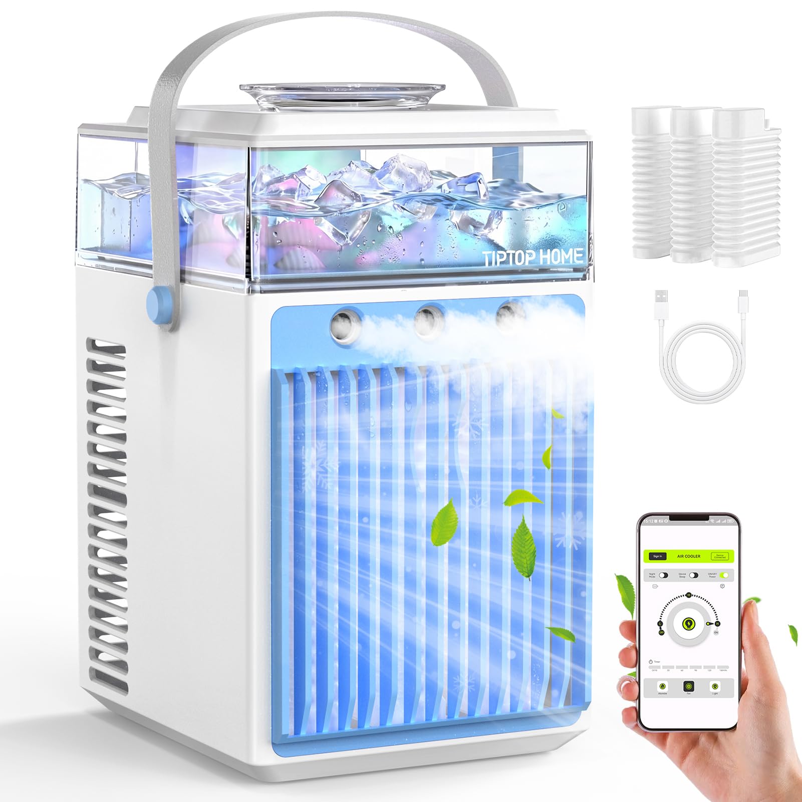 Mini Condizionatore Portatile, 5 in 1 Climatizzatore Portatile Senza Tubo con 3 Velocità, 3 Modalità di Nebulizzazione, Controllo Tramite App e Timer, Silenzioso Evaporativo Ventilatore con Ghiaccio